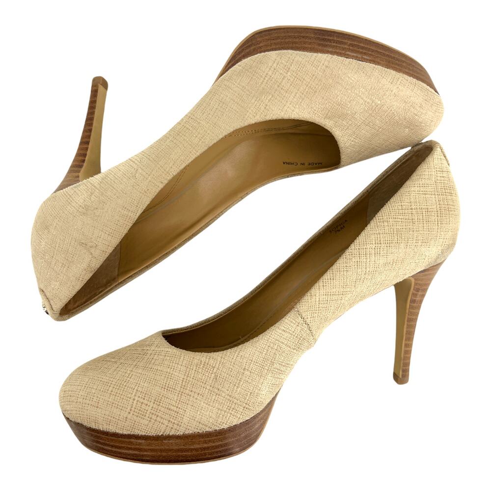 Tahari (7.5) Sophia Cream Waxed Burlap Stacked Platform Stiletto Pump Heels - Picture 2 of 12